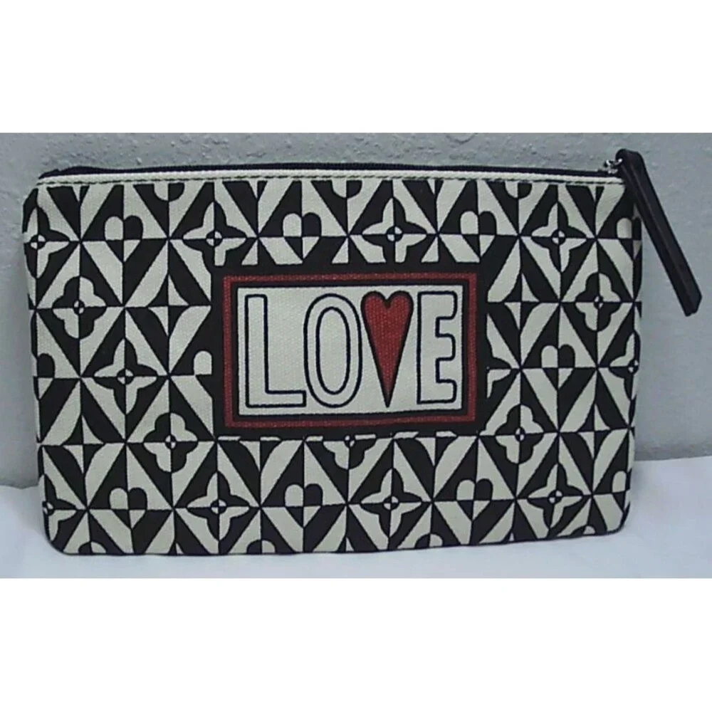 Brighton Love Cotton Canvas Cosmetic Pouch Makeup Bag NWOT Black White Heart